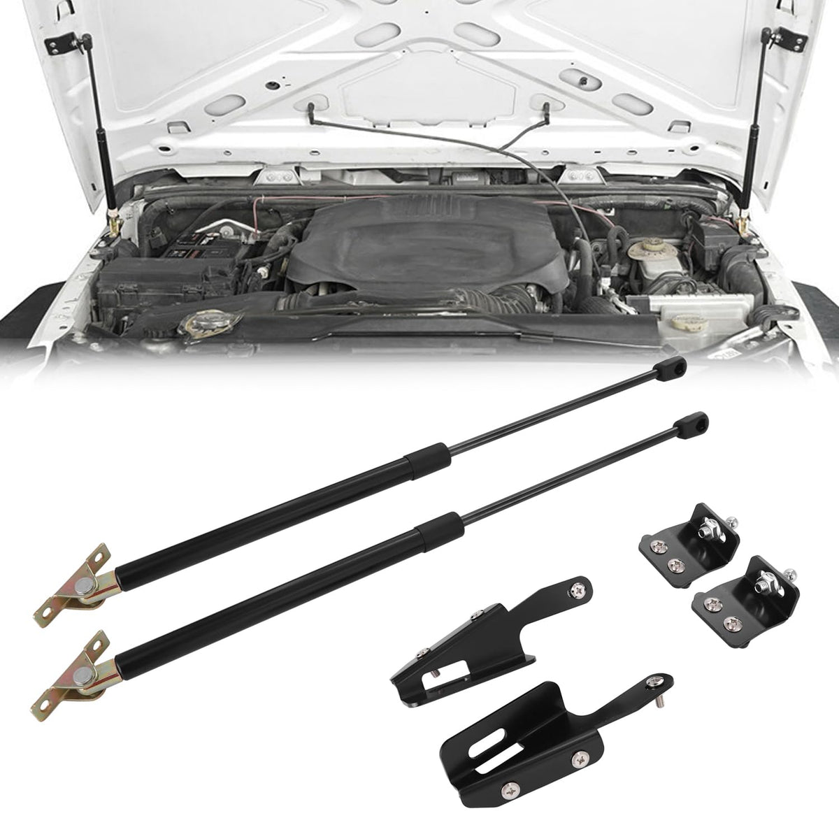 VKVXCLON front packaging showing both hood shocks and included fittings for easy fit