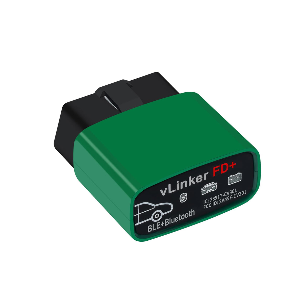 vLinker FD+ front connector showing OBD-II plug and easy install benefit