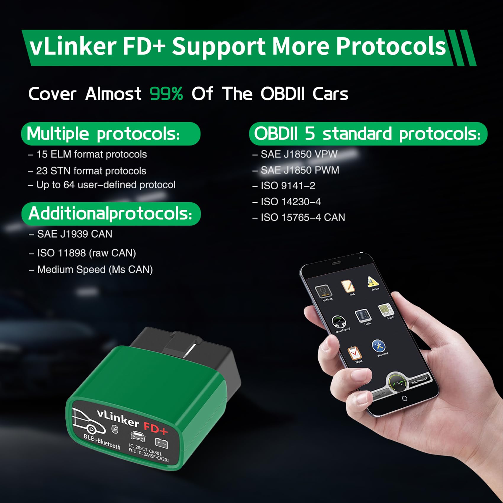 vLinker FD+ retail packaging and warranty card showing included support