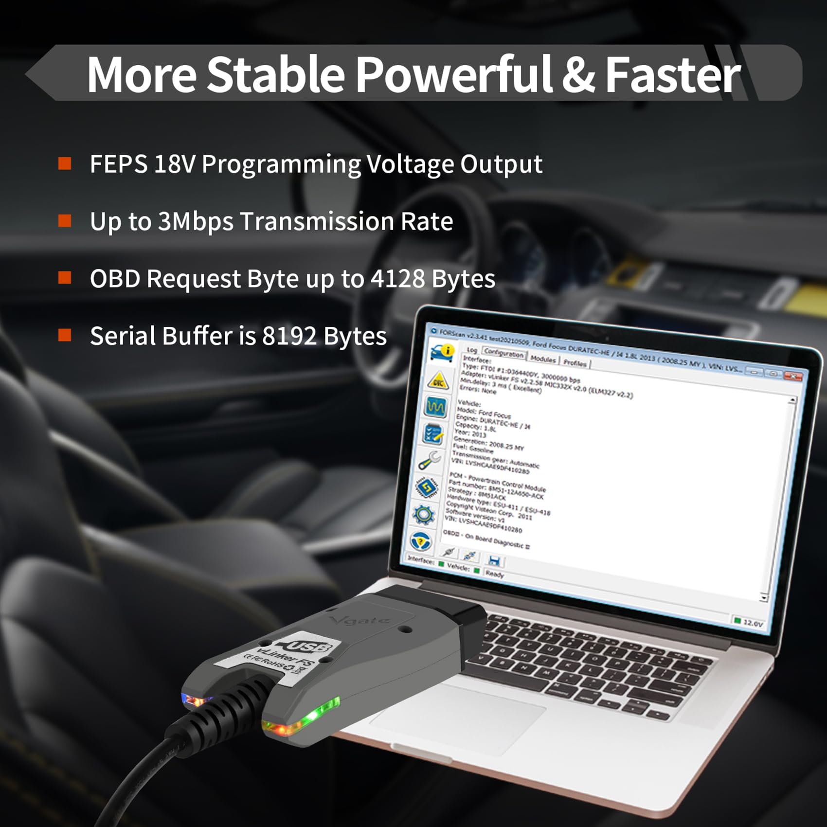 vLinker FS USB cable and OBD2 plug demonstrating robust construction benefit