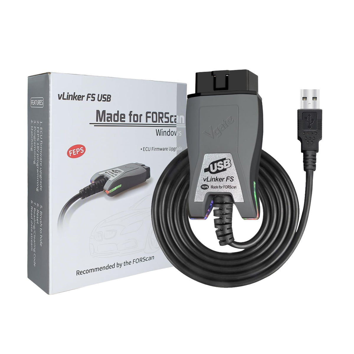 vLinker FS USB front connector showing solid fit and reliable connection