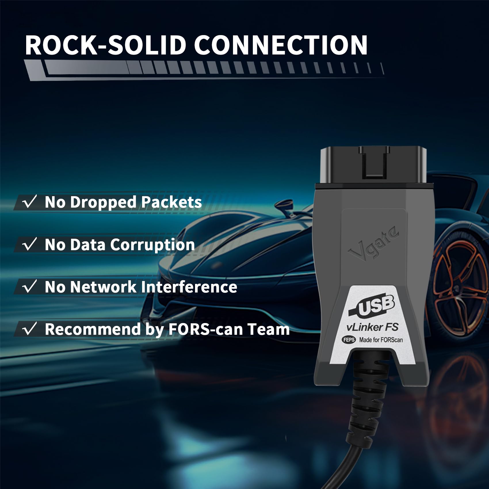 vLinker FS USB plugged into car ECU illustrating multi‑bus diagnostic access