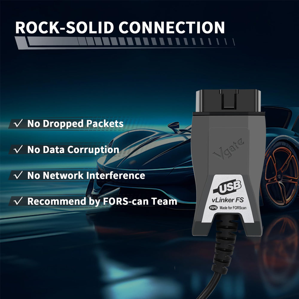 vLinker FS USB plugged into car ECU illustrating multi‑bus diagnostic access