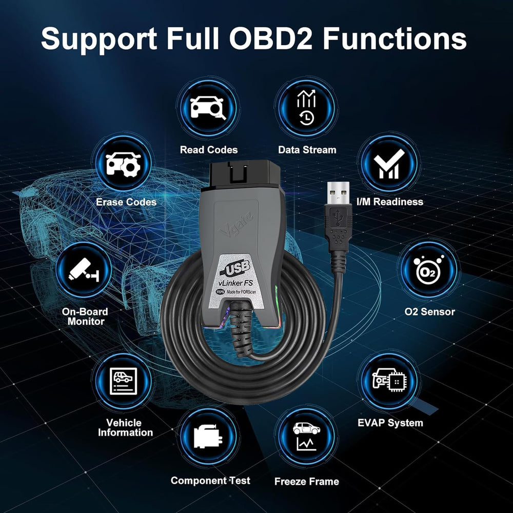 vLinker FS USB label and certifications conveying safety and compliance