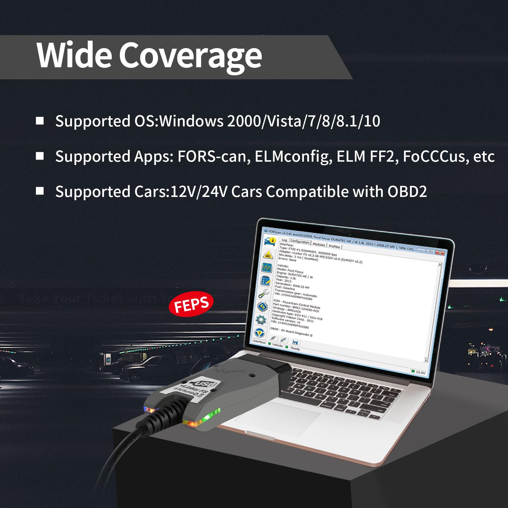 vLinker FS USB with laptop running FORScan showing fast live‑data streaming