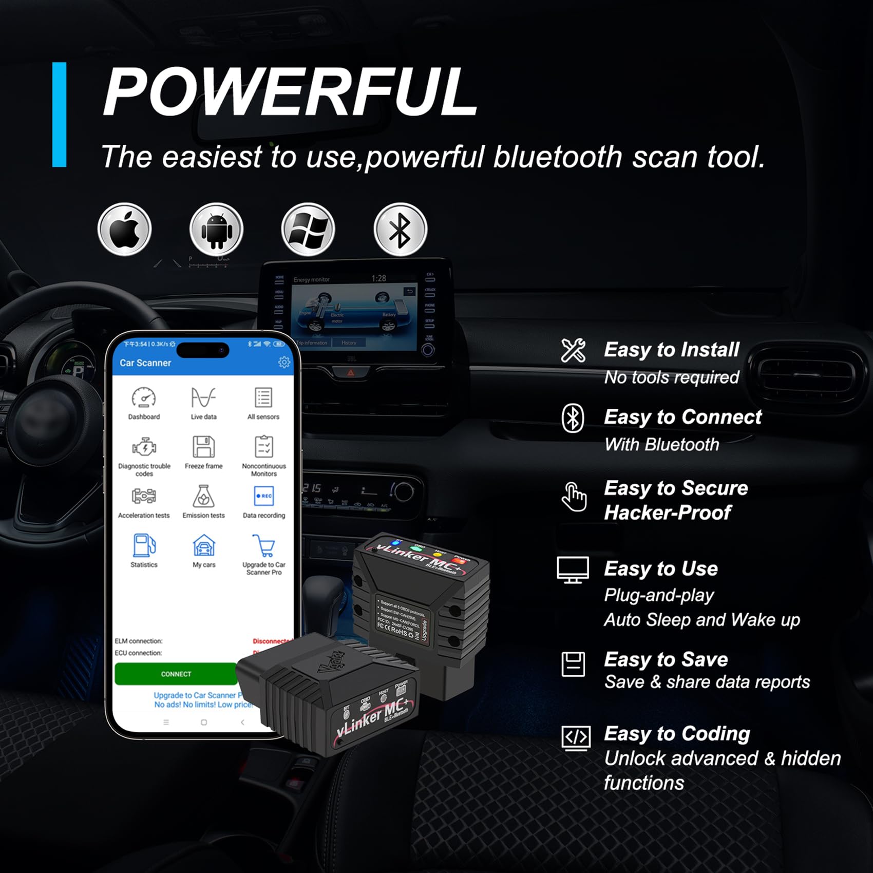 vLinker MC+ connected to phone with app displaying live diagnostics and control