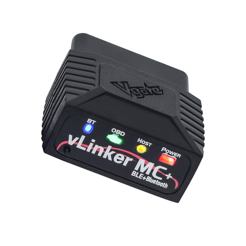vLinker MC+ front view showing compact Bluetooth OBD2 adapter and easy plug-in