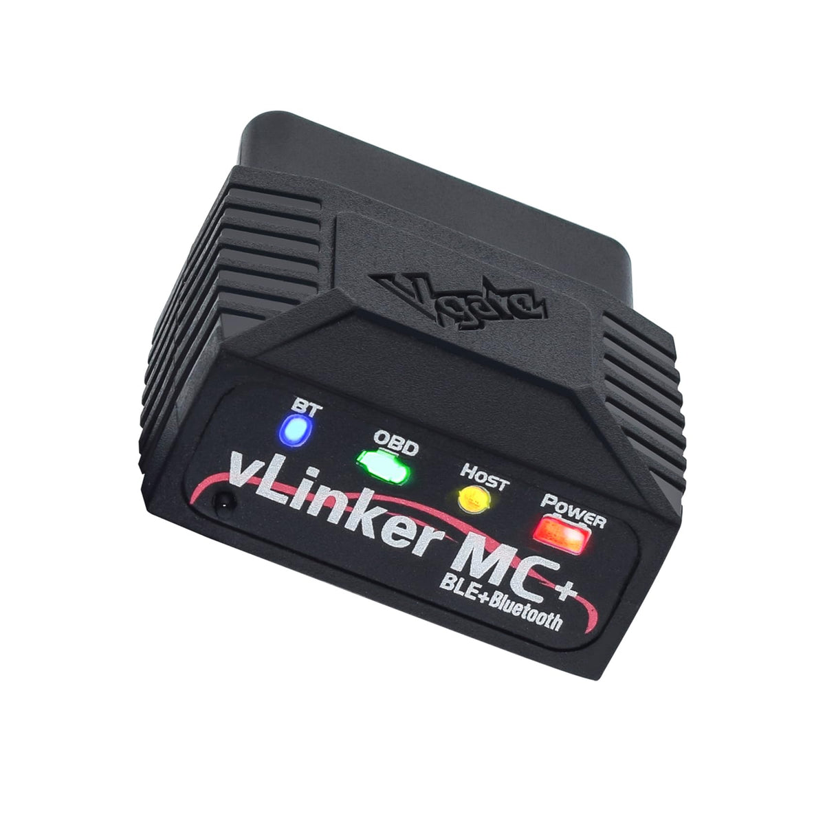 vLinker MC+ front view showing compact Bluetooth OBD2 adapter and easy plug-in
