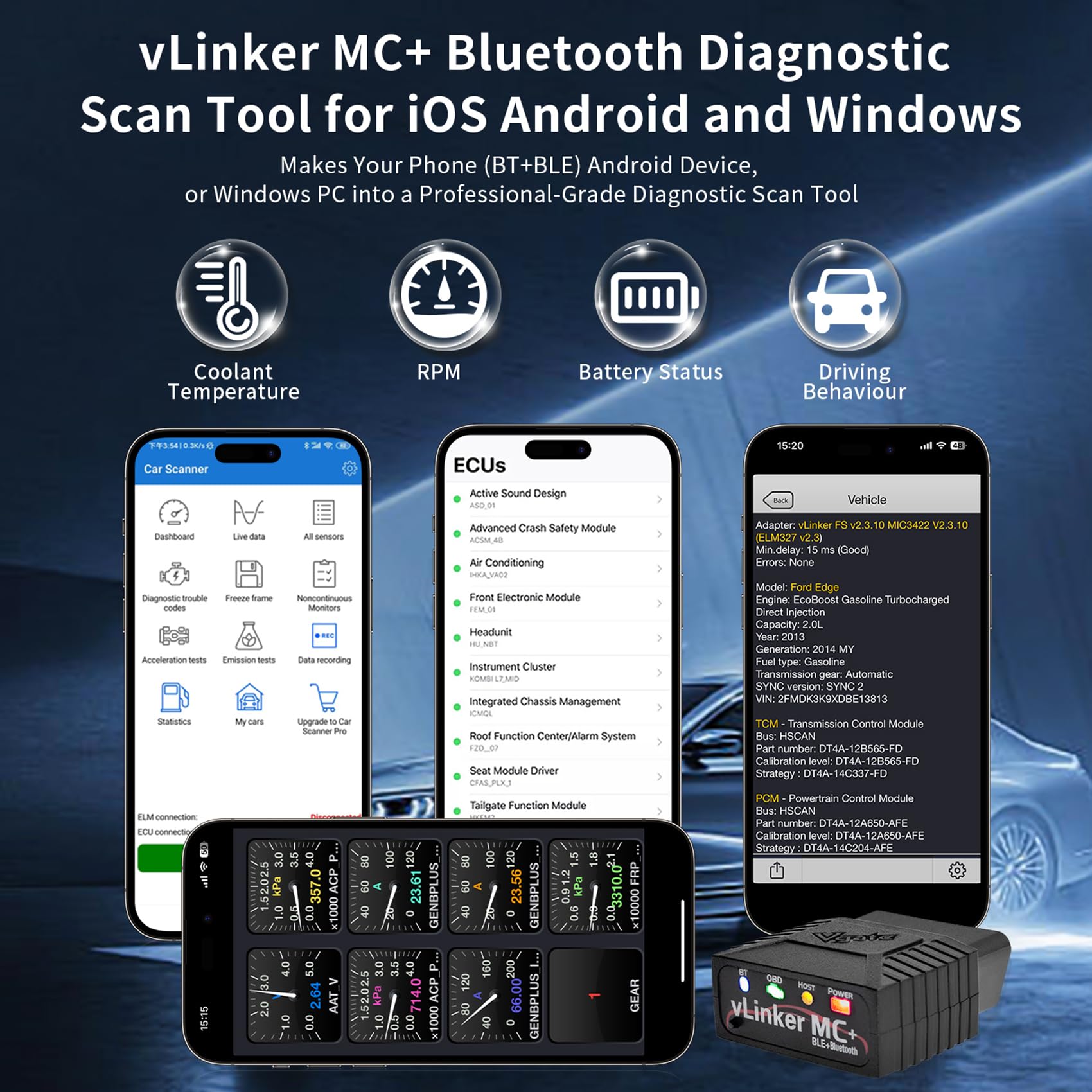 vLinker MC+ plugged into car OBD port demonstrating quick installation benefit