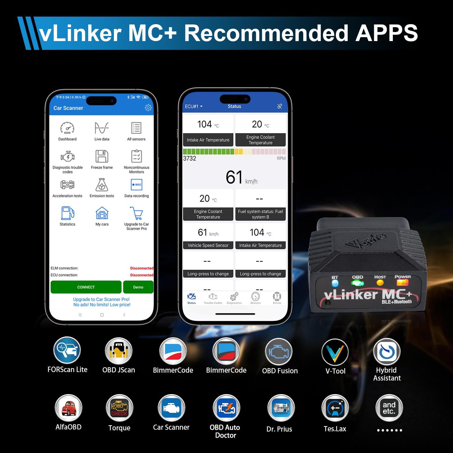 vLinker MC+ beside car key for scale showing compact, portable convenience