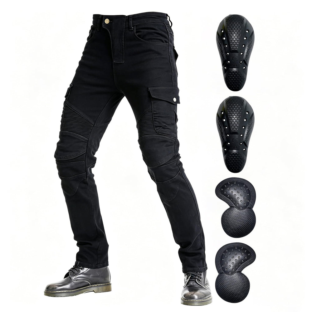 VNFOX front view black motorcycle pants showing slim-straight fit and pockets for versatile wear