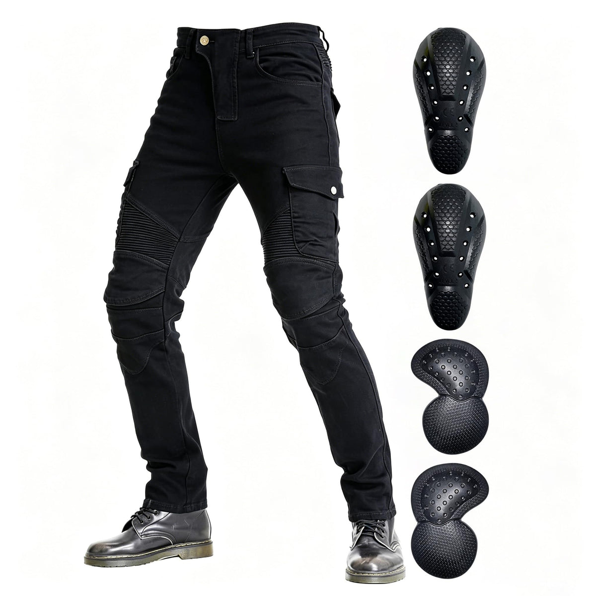 VNFOX front view black motorcycle pants showing slim-straight fit and pockets for versatile wear