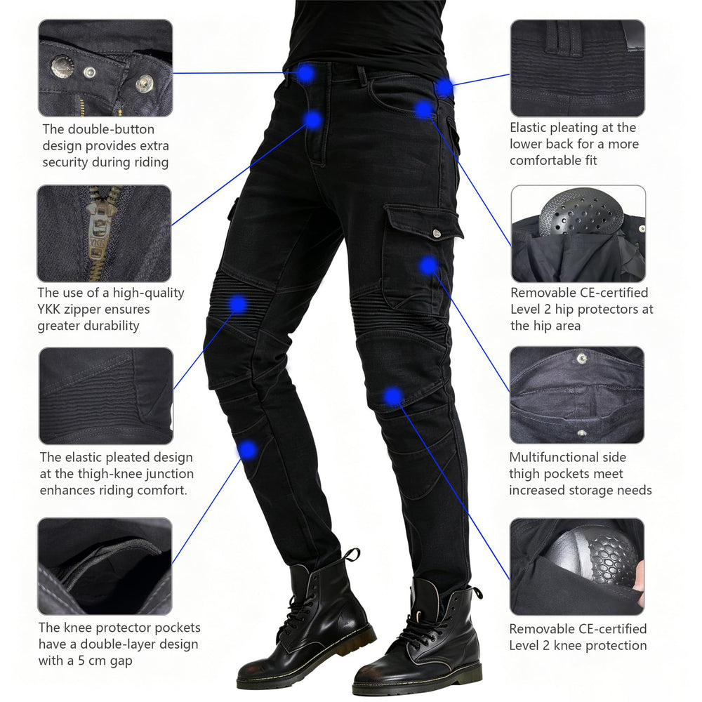VNFOX side thigh pocket and zipper close-up offering quick-access storage benefit for riders