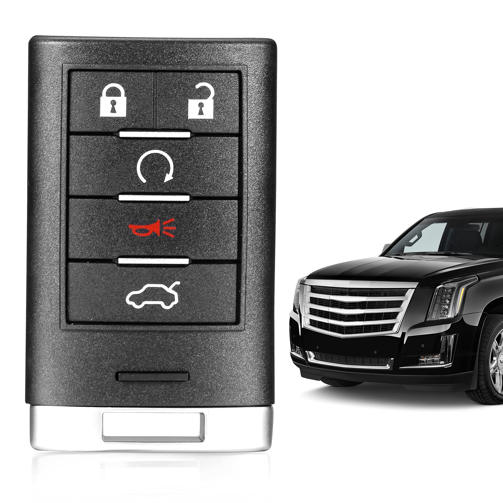 VOFONO key fob on a driveway with a Cadillac in background showing real-world use