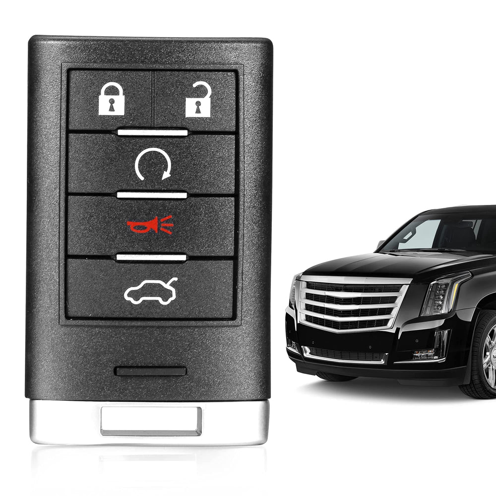 VOFONO key fob on a driveway with a Cadillac in background showing real-world use