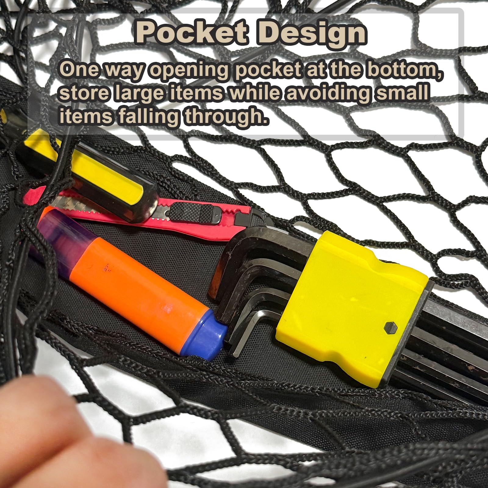 Volcaner lower pocket holding groceries preventing rollaway during drive