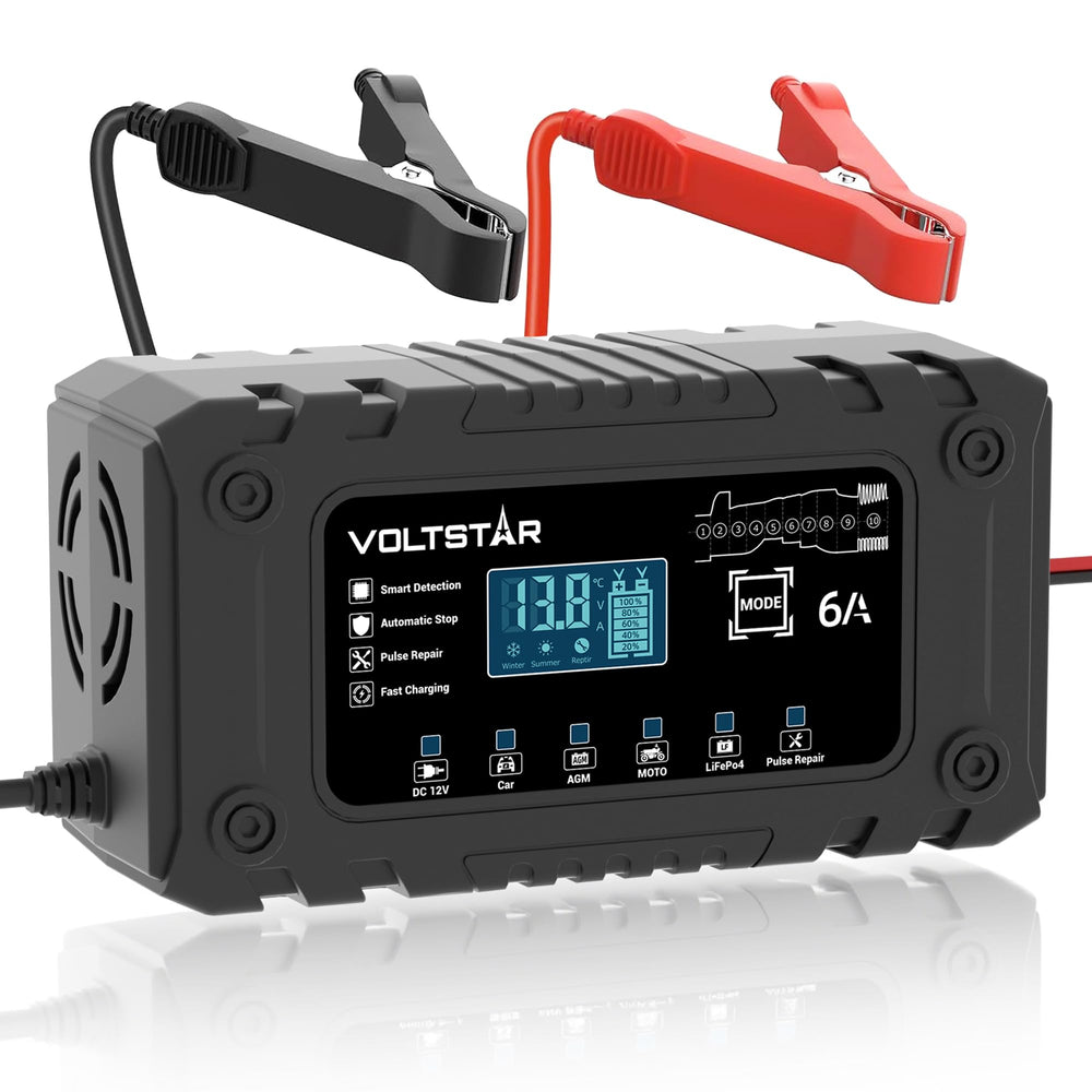 Voltstar front view showing compact charger and status lights, clear operation benefit