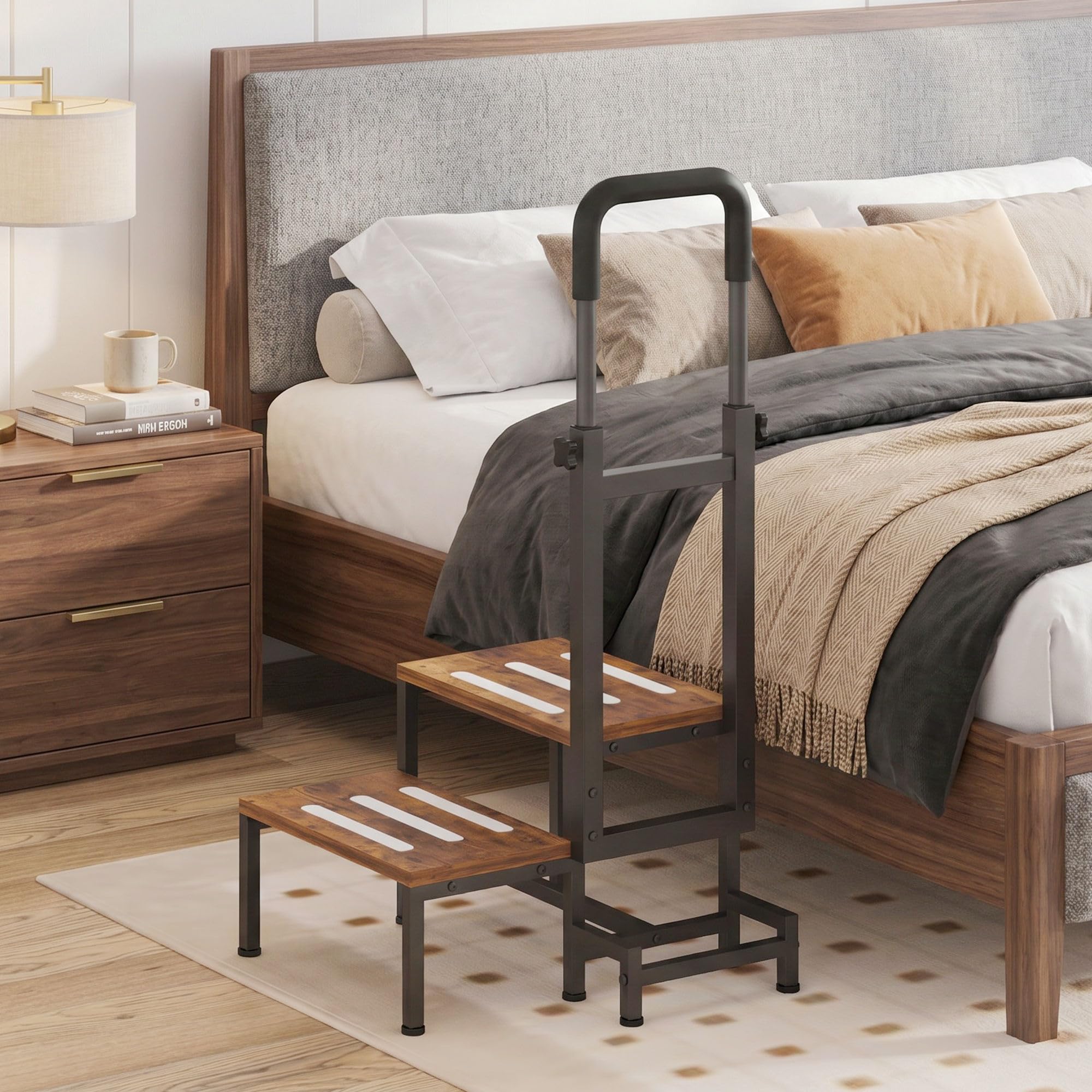 VonDream lifestyle bedroom scene showing step stool in daily use for safer bed access