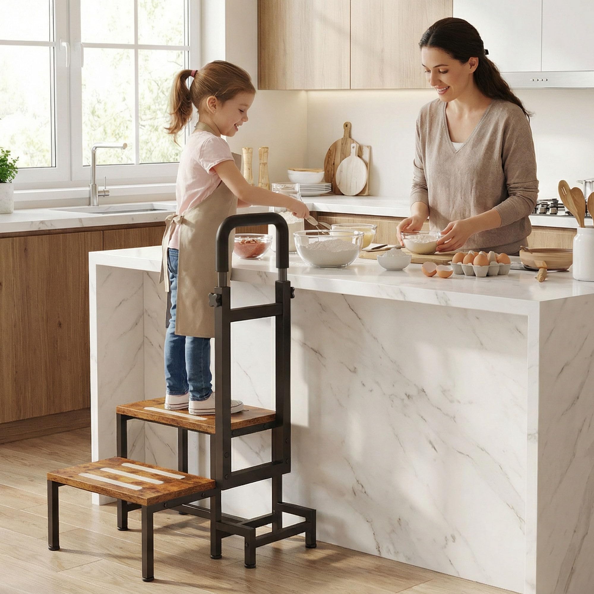 VonDream step stool beside bed showing size scale and space-saving benefit