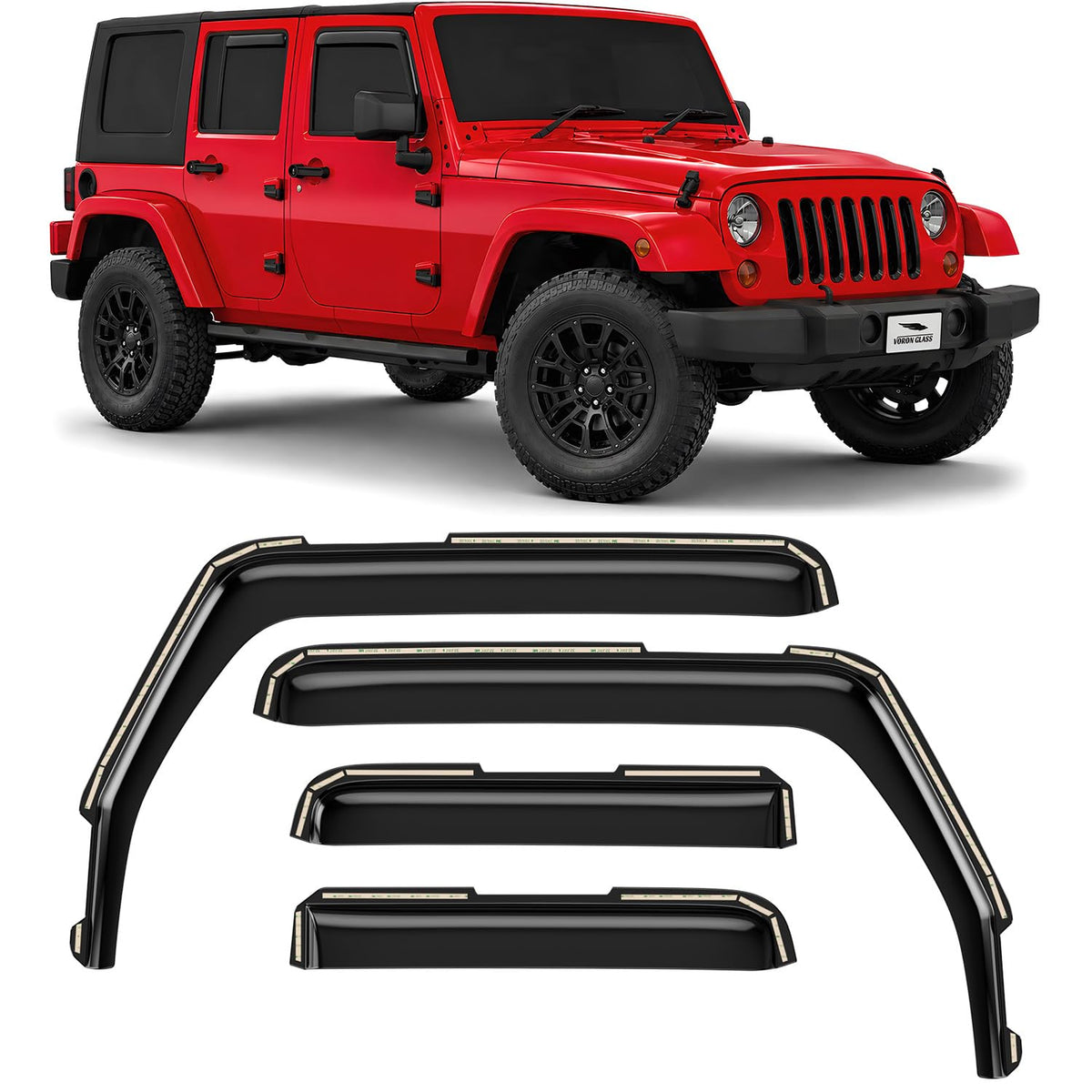 Voron Glass front side view on Jeep Wrangler JK showing sleek fit and weather protection