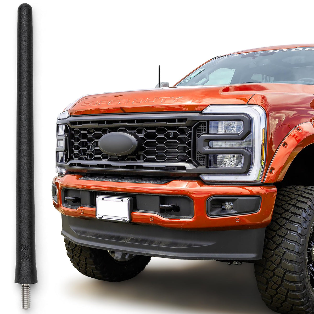 Votex short antenna front profile on Ford F-250 improves truck styling and reception