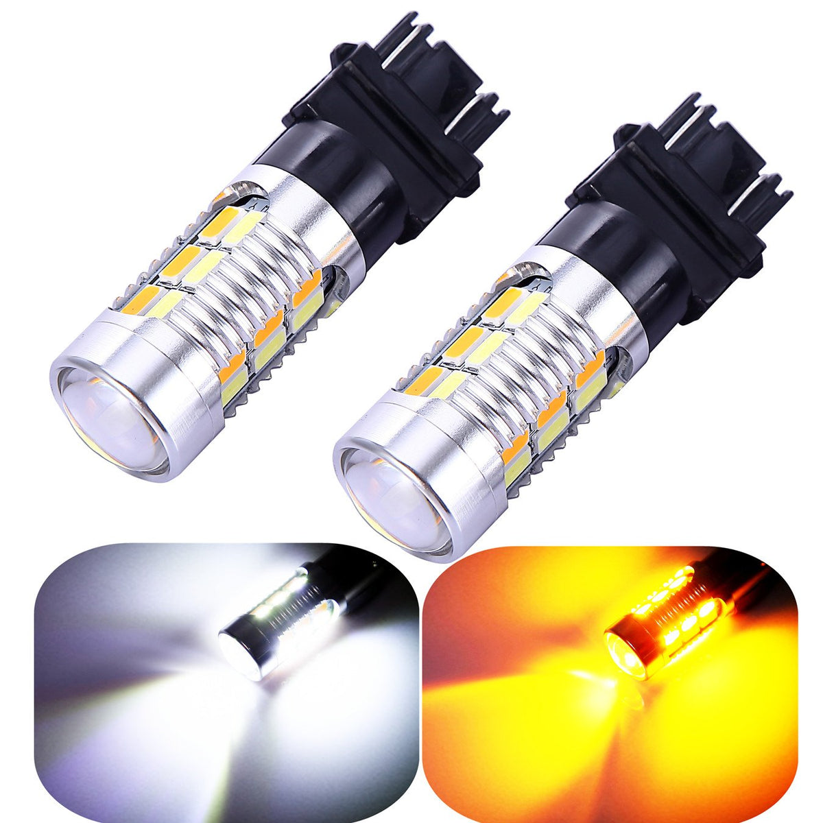 Vouke 3157 front view pair showing dual-color bulbs for bright signaling