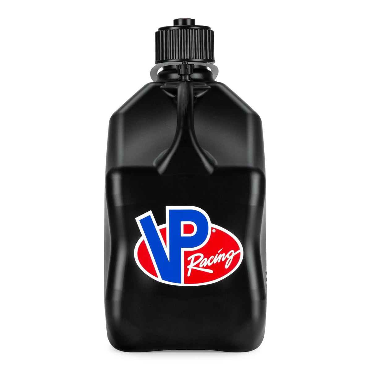 VP Racing front view of black 5.5 gal jug showing capacity and shape benefit