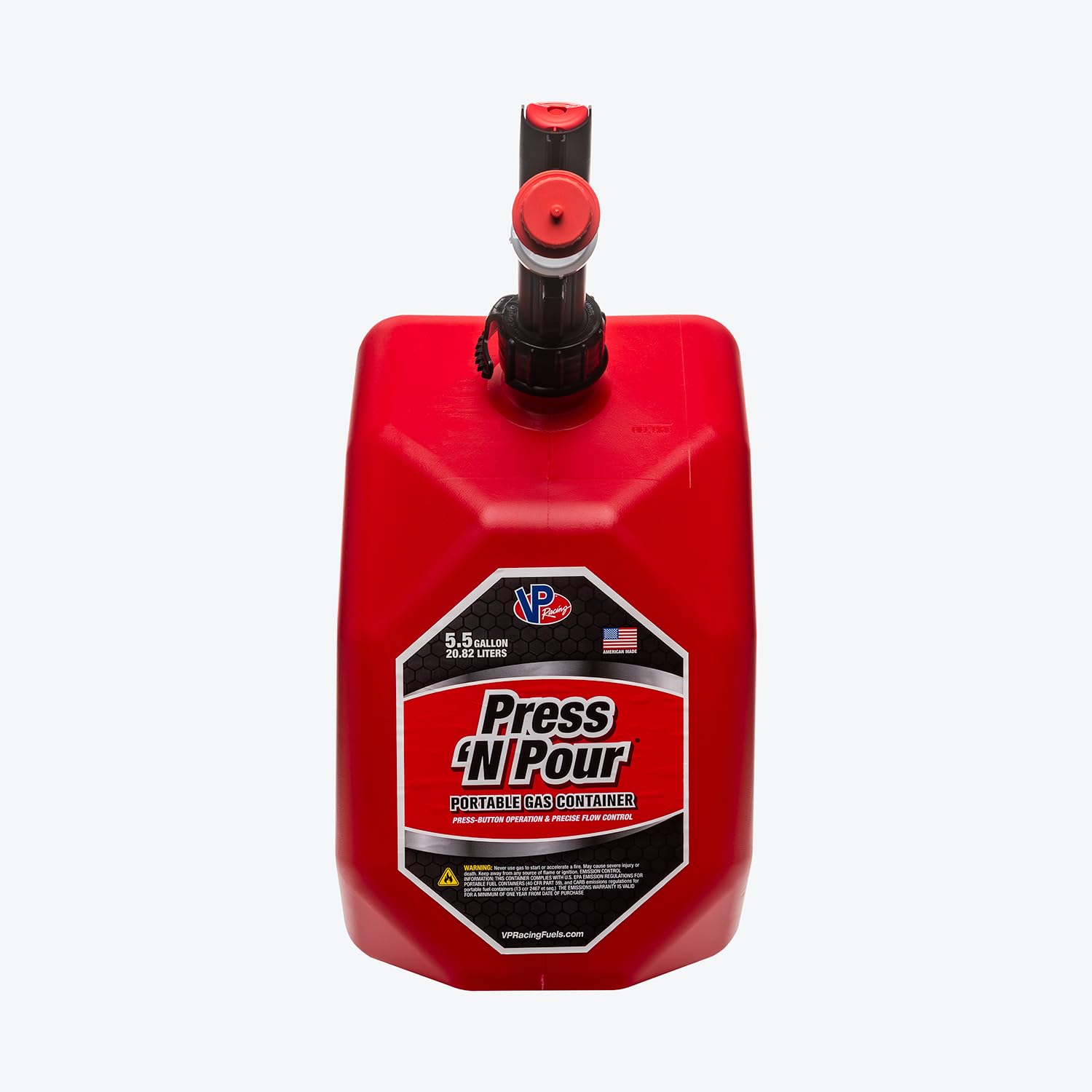 VP Racing closeup of push-button spout for precise, spill-reducing pouring