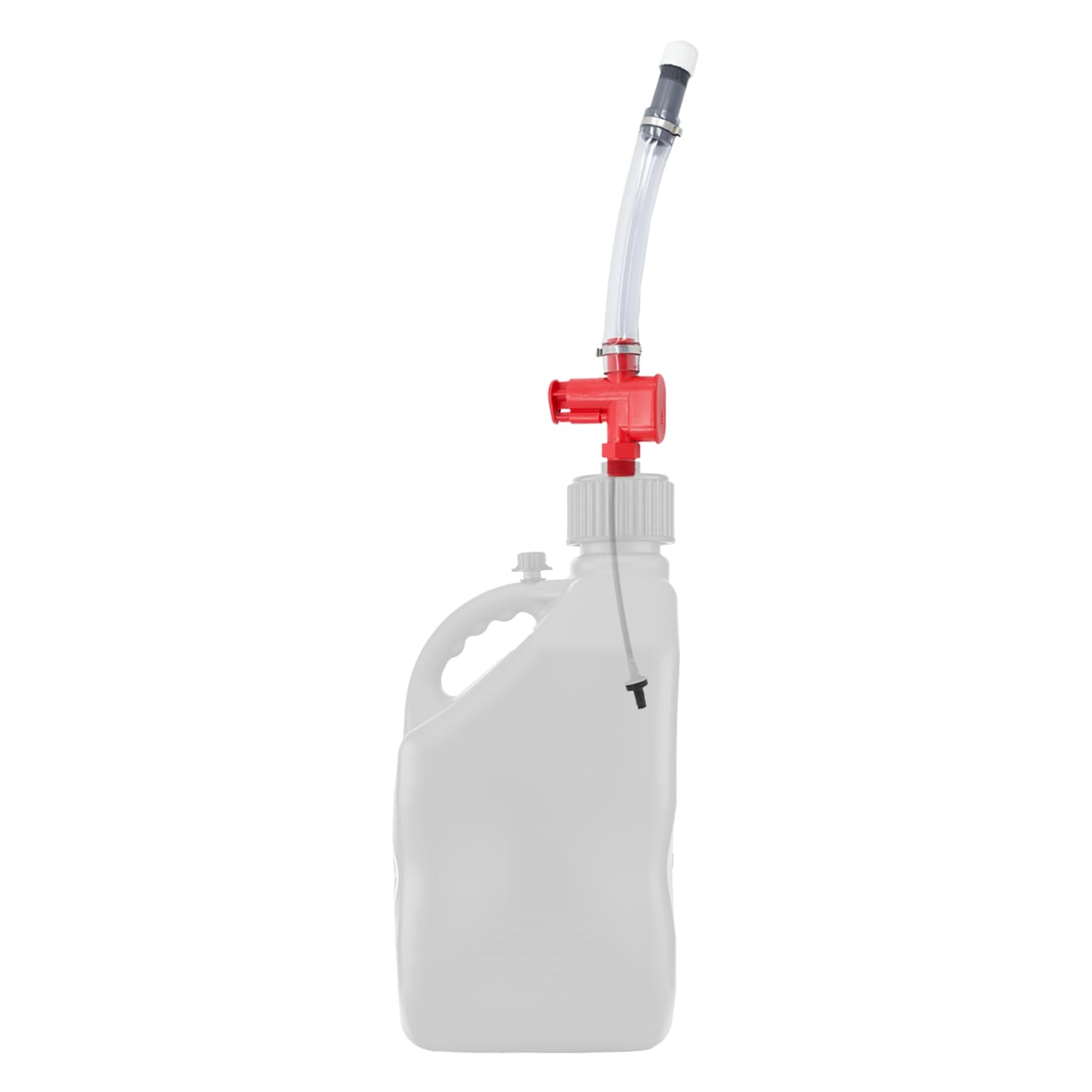 VP Racing hose attached to 5-gallon jug, enables safer jug handling and pouring