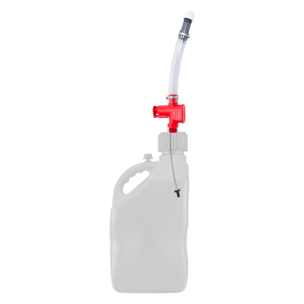 VP Racing hose attached to 5-gallon jug, enables safer jug handling and pouring