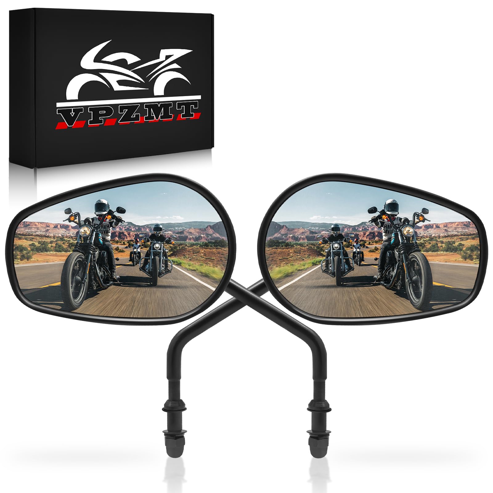 VPZMT mirror on motorcycle in motion illustrating improved rear visibility