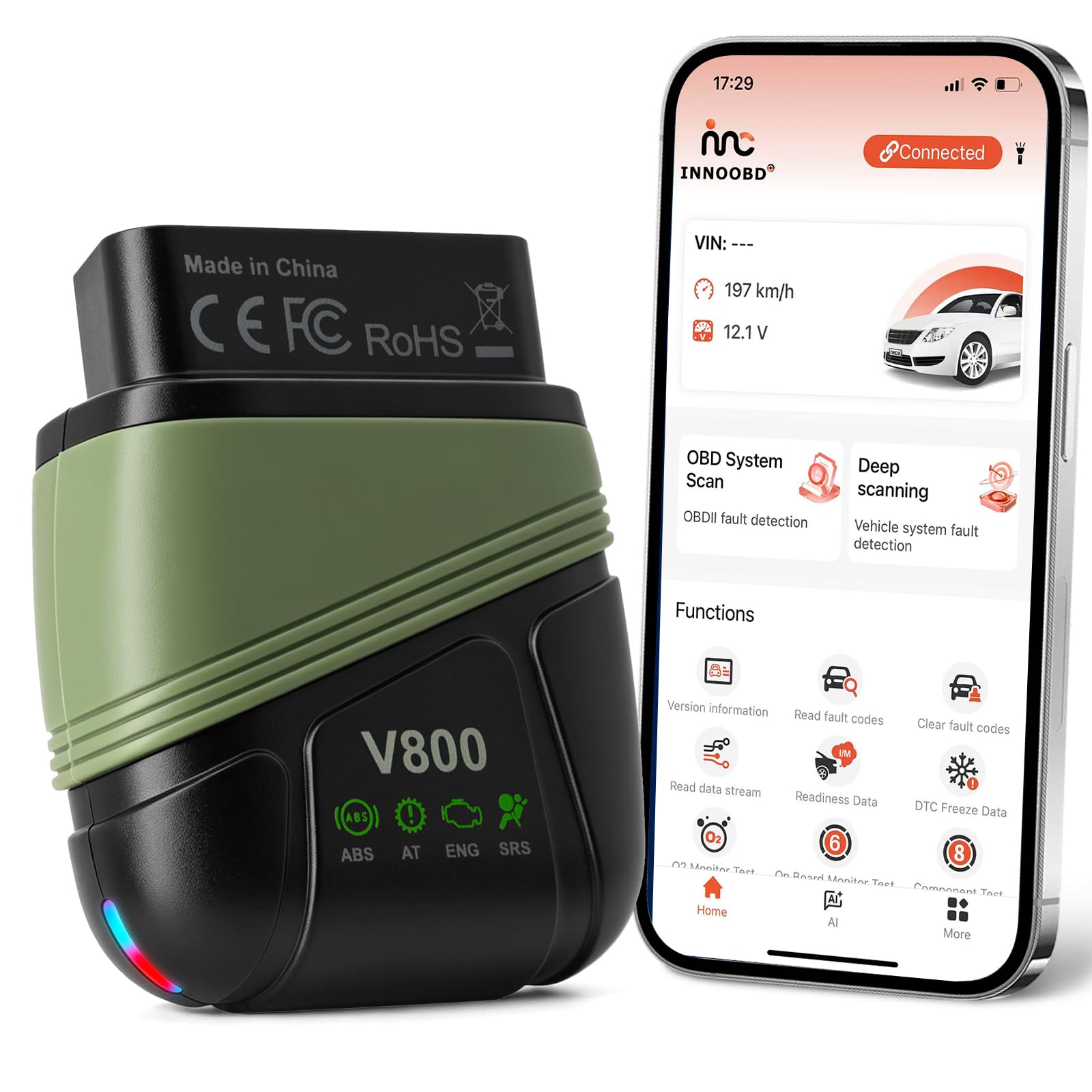 VQQEFF OBD2 scanner front view showing compact plug‑in design and durable casing
