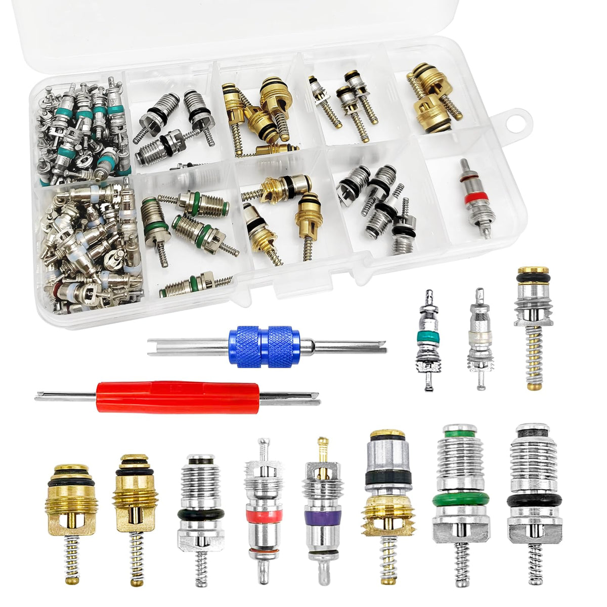 Vrasly front of kit showing organized valve cores and tools for quick repair