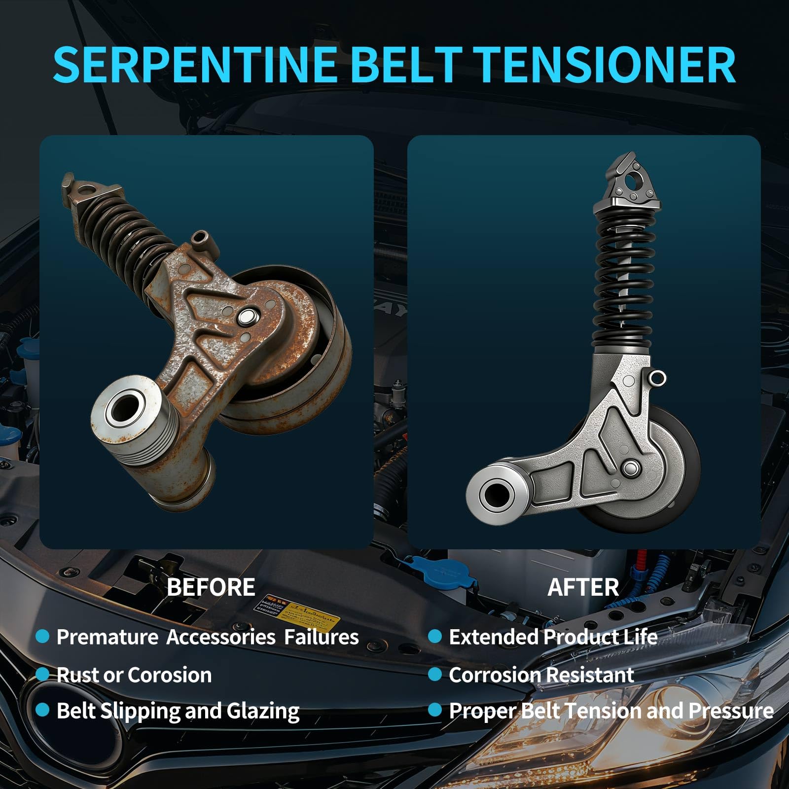 VROVO tensioner installed in engine bay demonstrating correct alignment benefit