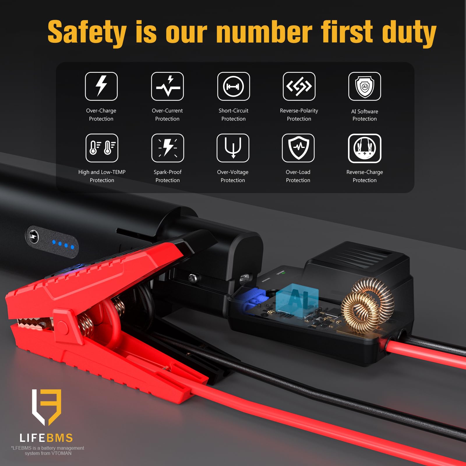 VTOMAN cable connected to compatible power station for reliable vehicle starting