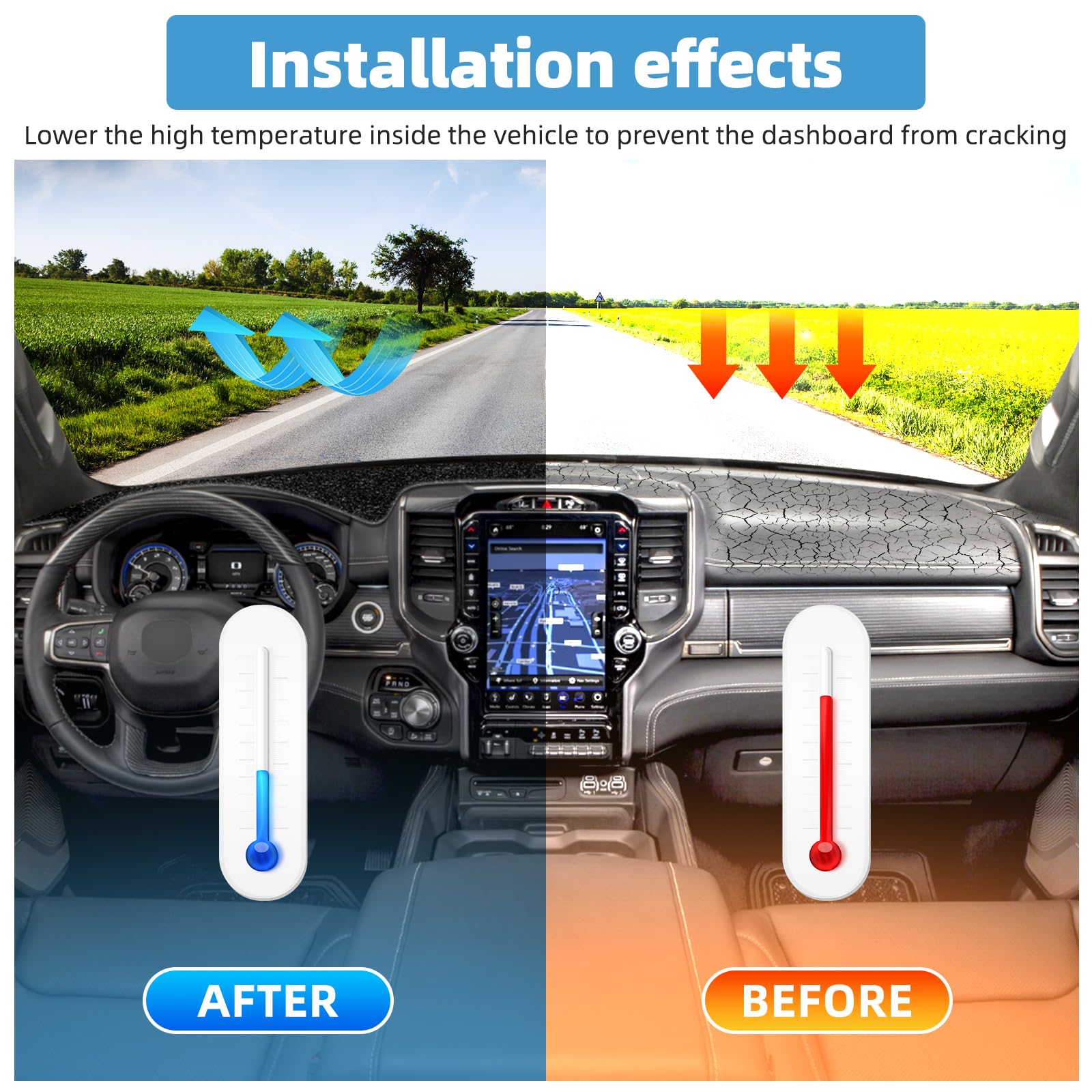 VTVWNM dash cover installed in Dodge RAM improving visibility and comfort