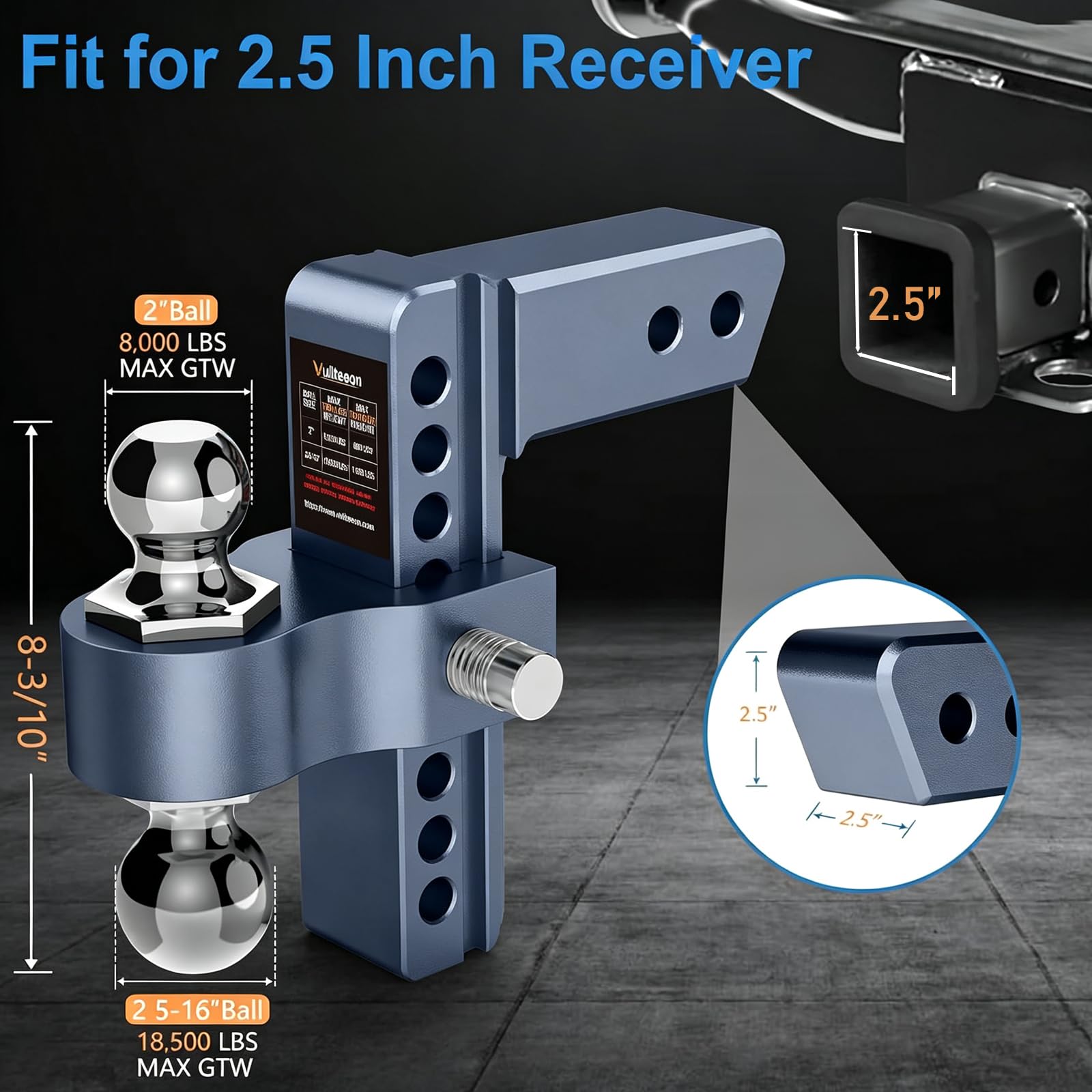 vullteeon dual ball closeup highlighting 2 inch and 2-5/16 inch chrome balls for different trailers