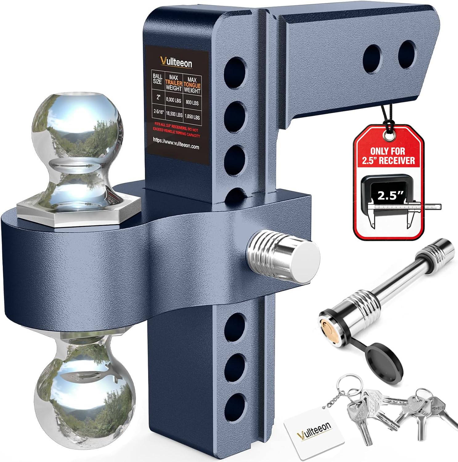 vullteeon front overview showing full 8-inch adjustable hitch and dual balls for versatile towing