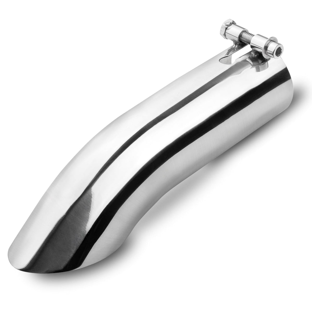 Vurkcy front angle exhaust tip showing polished finish and curved outlet benefit