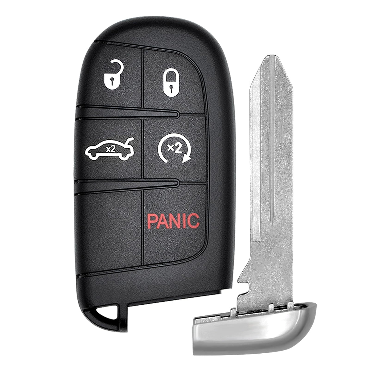 Vurkcy front view of key fob showing button layout and brand, aids quick identification