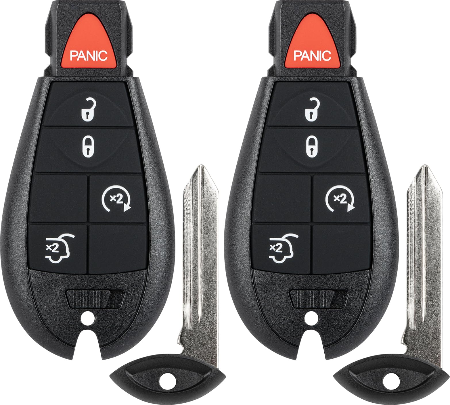 Vurkcy front view of two replacement key fobs showing button layout and fit