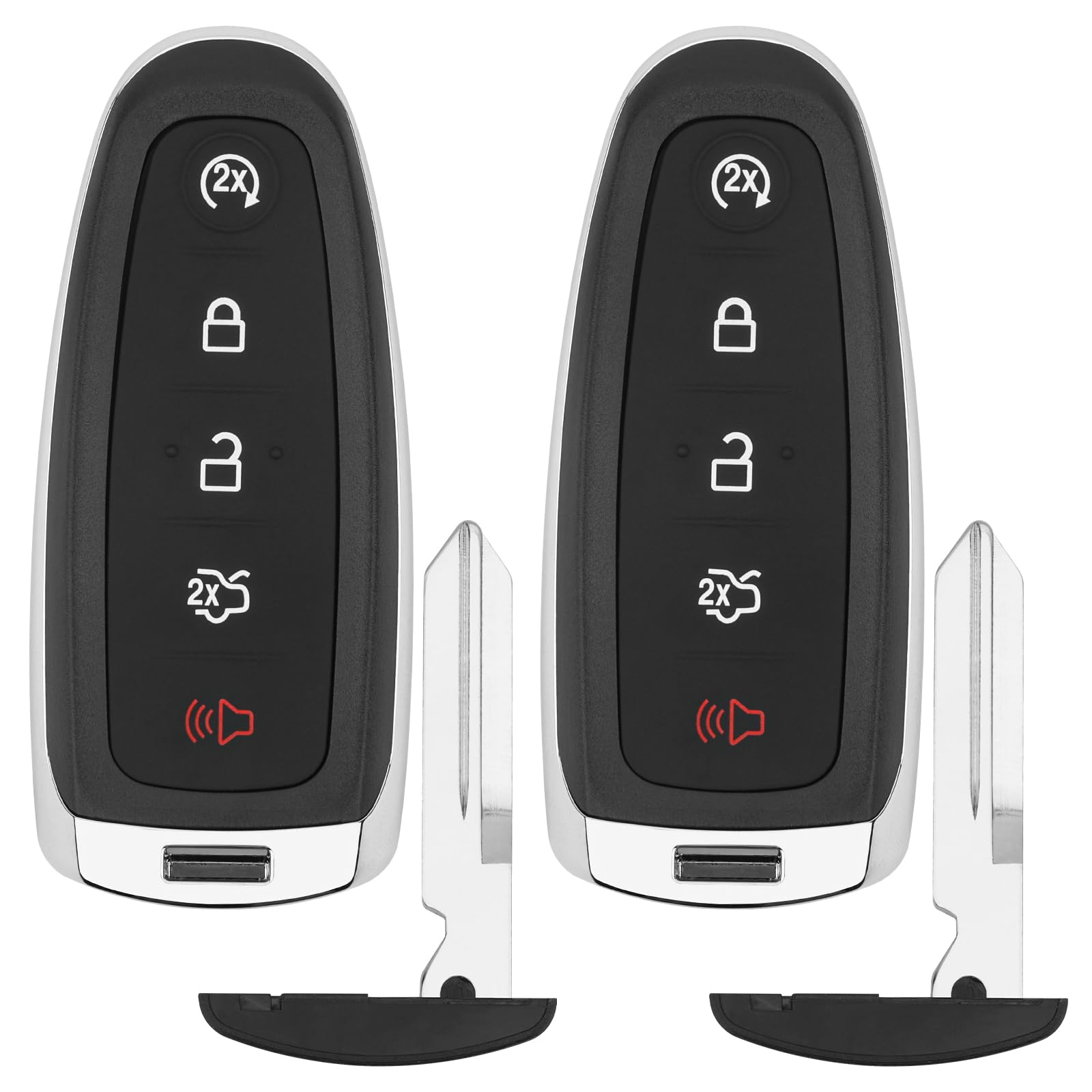Vurkcy front view of two key fobs showing complete replacement set and features
