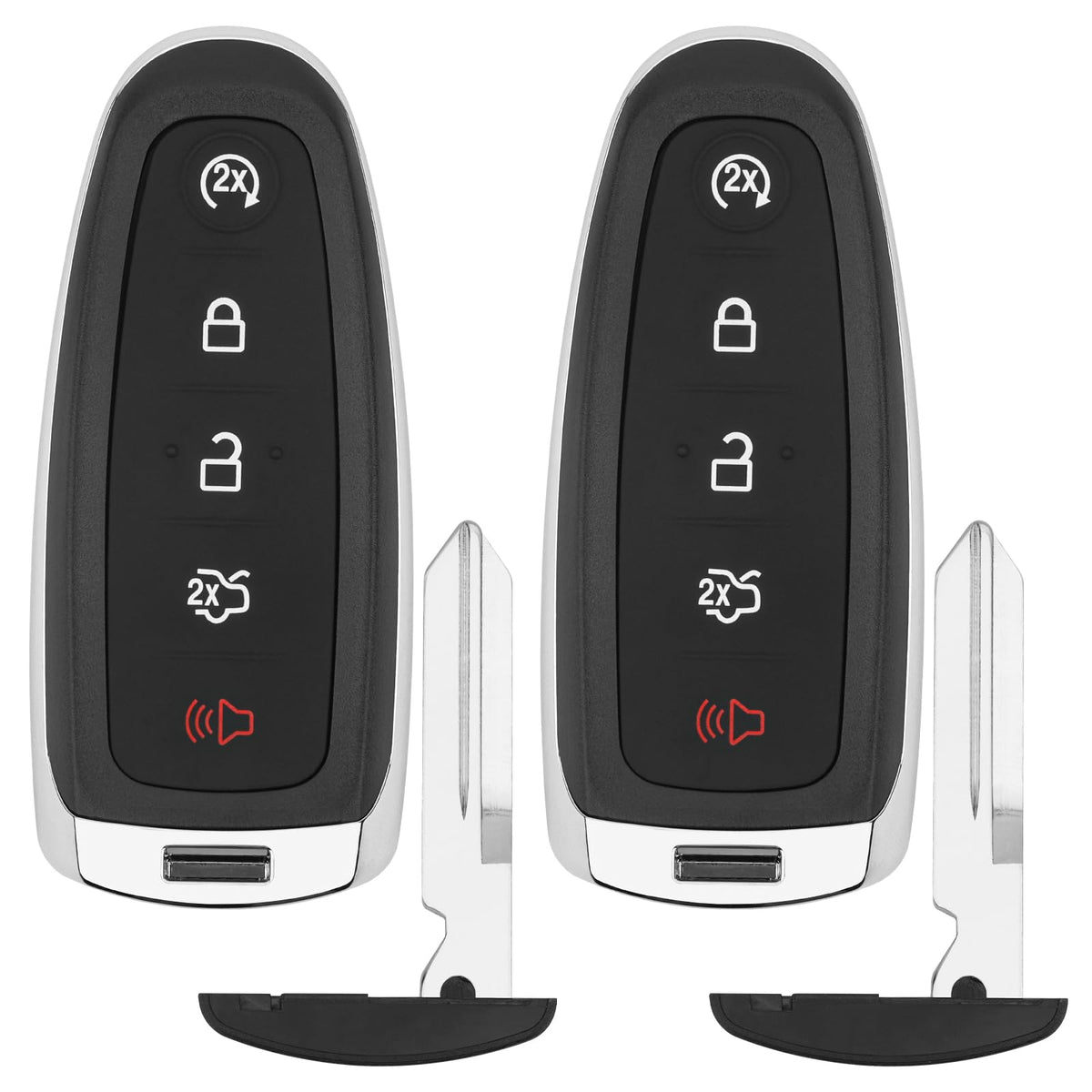 Vurkcy front view of two key fobs showing complete replacement set and features
