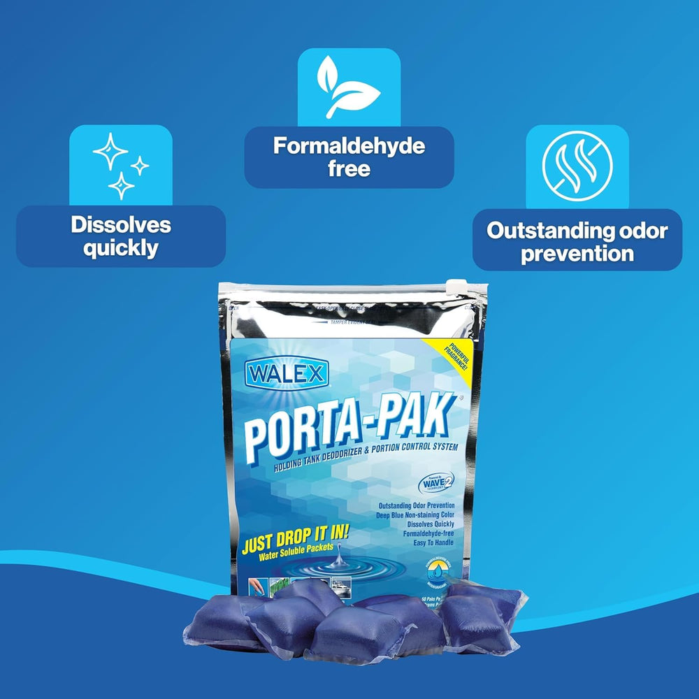 Walex tablet in boat head tank showing marine-safe deodorizing benefit