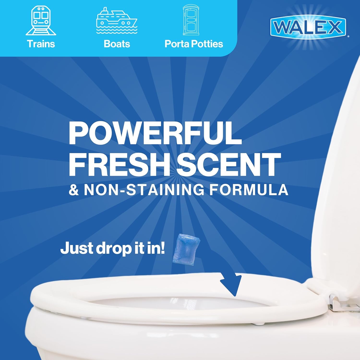 Walex drop-in in RV bathroom tank showing convenience and odor control
