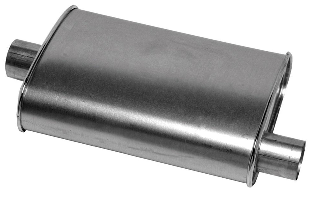 Walker front view of muffler showing inlet outlet and fitment options for easy selection