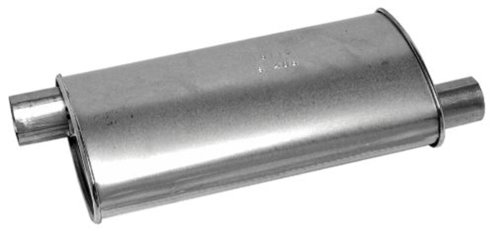 Walker muffler front view showing inlet and outlet, durable aluminized finish