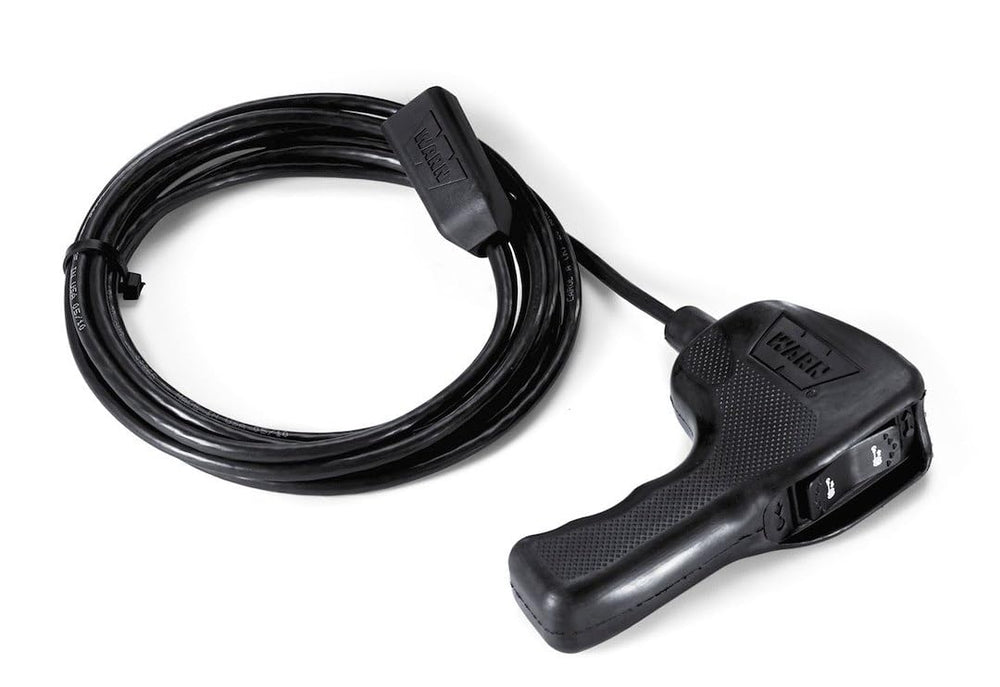 WARN 83665 front view showing ergonomic grip and long cable for safer control