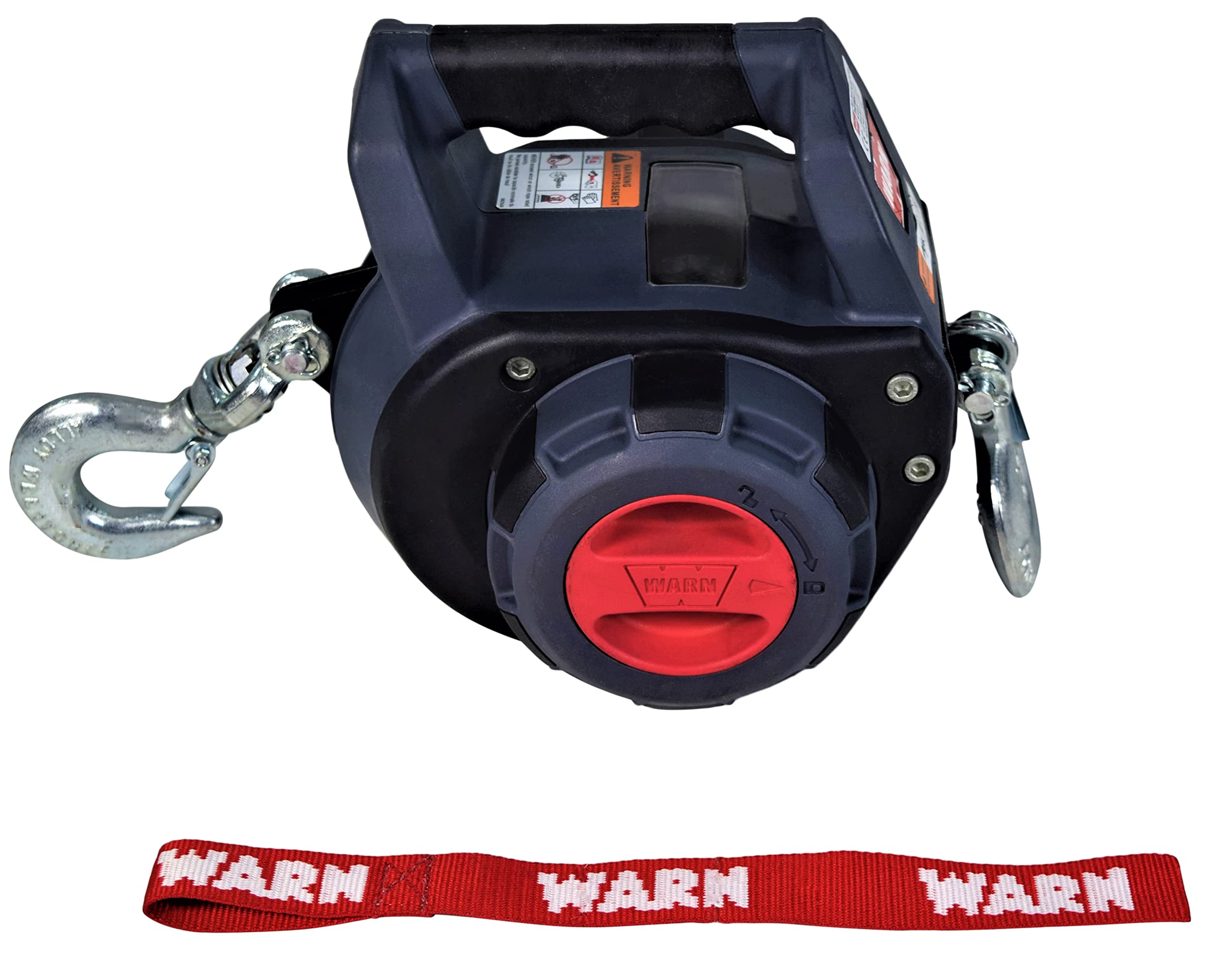 WARN Drill Winch front view showing compact body and drive connection for portability