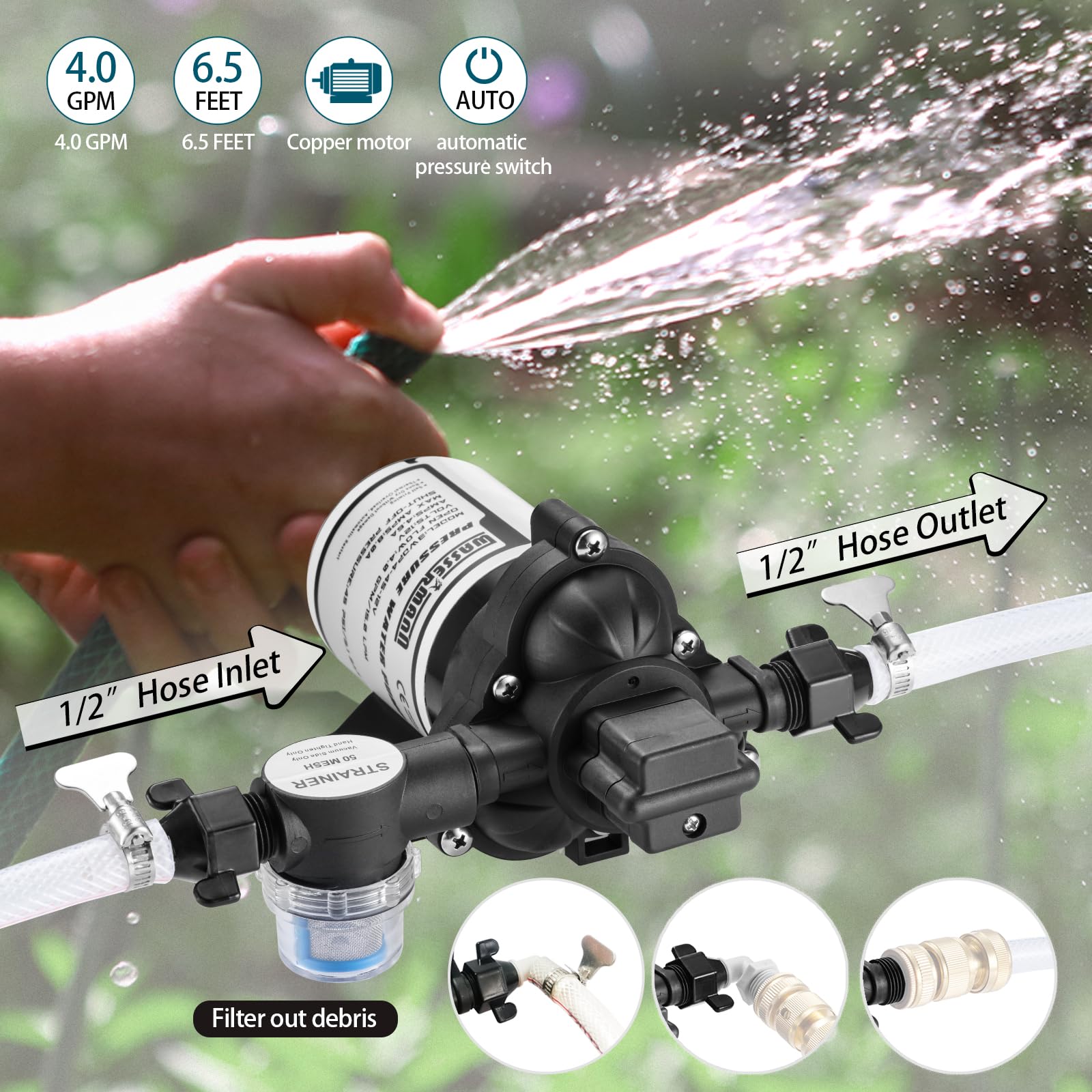 wassermann hose adaptors and filter included for easy plumbing